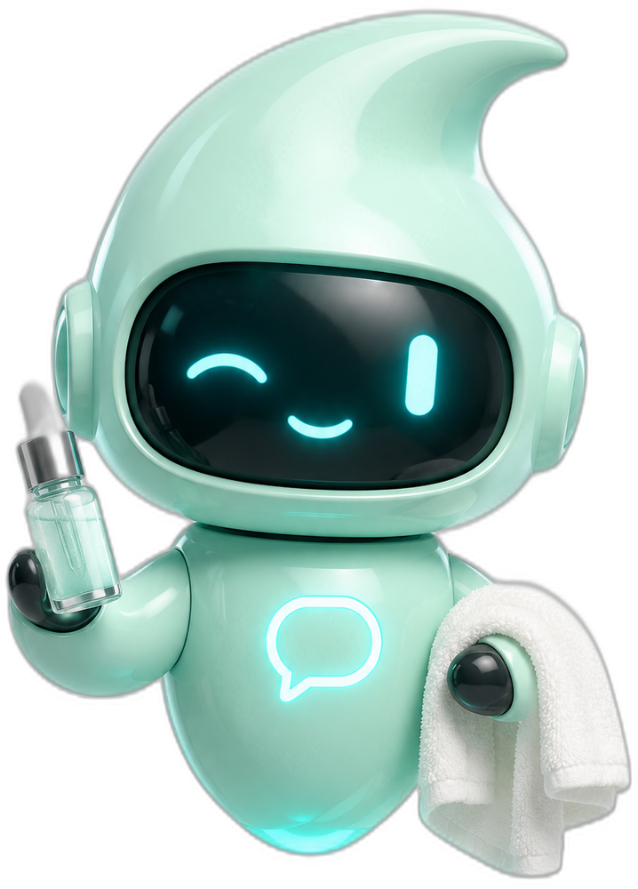Mascote da Mensagi com produtos de estética e toalha
