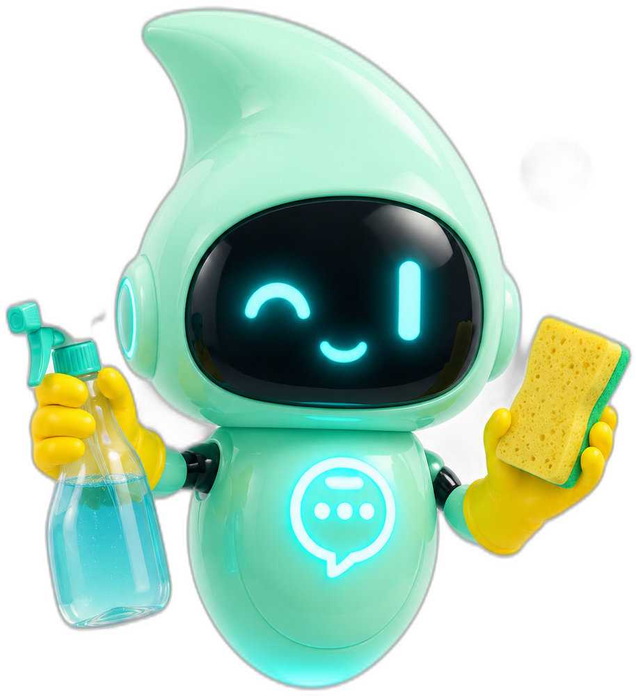 Mascotte Mensagi avec des gants, un spray et une éponge