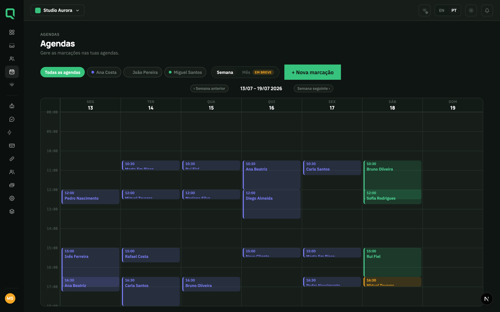 Vue hebdomadaire des agendas Mensagi avec les rendez-vous organisés par collaborateur