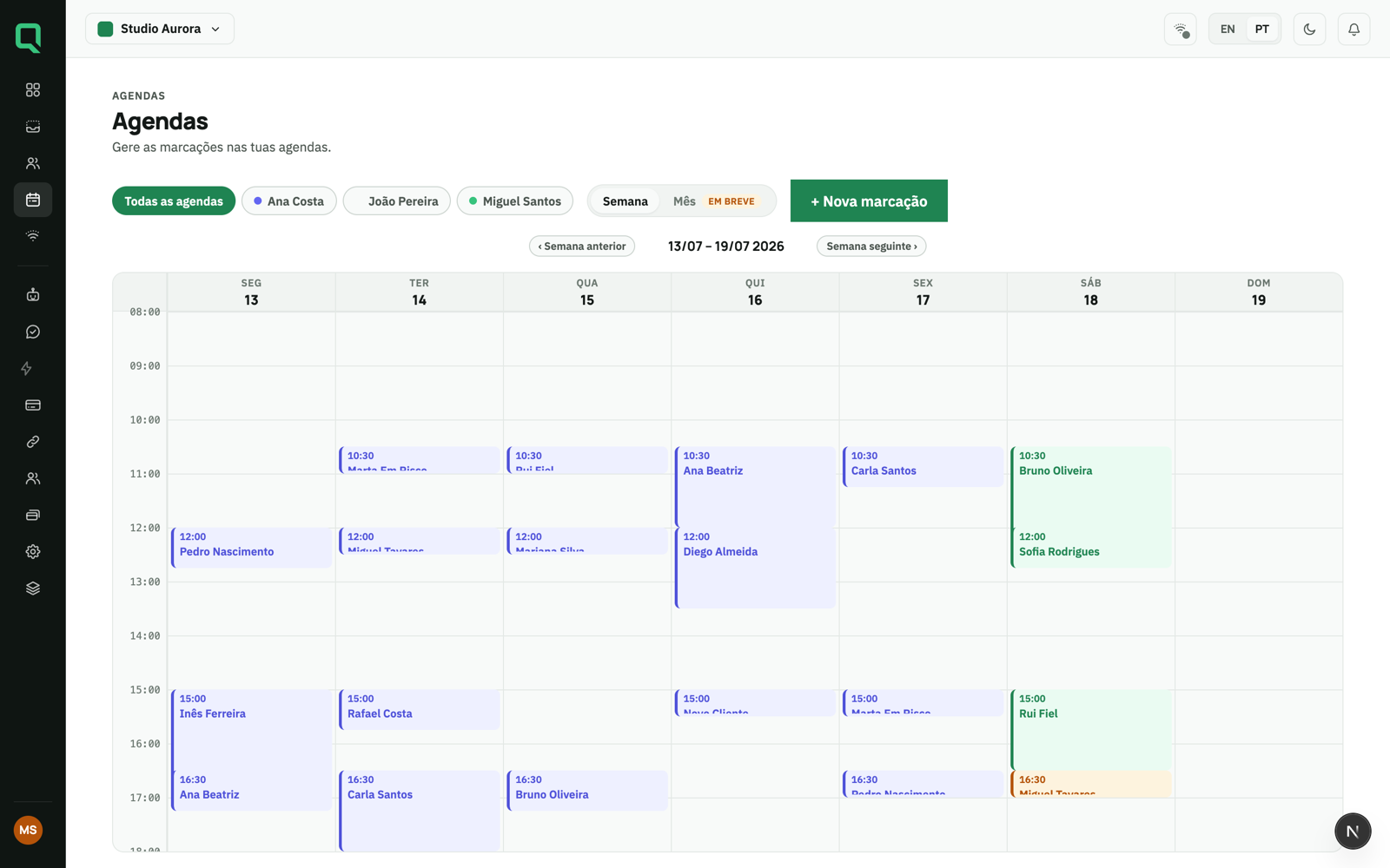 Vue hebdomadaire des agendas Mensagi avec les rendez-vous organisés par collaborateur