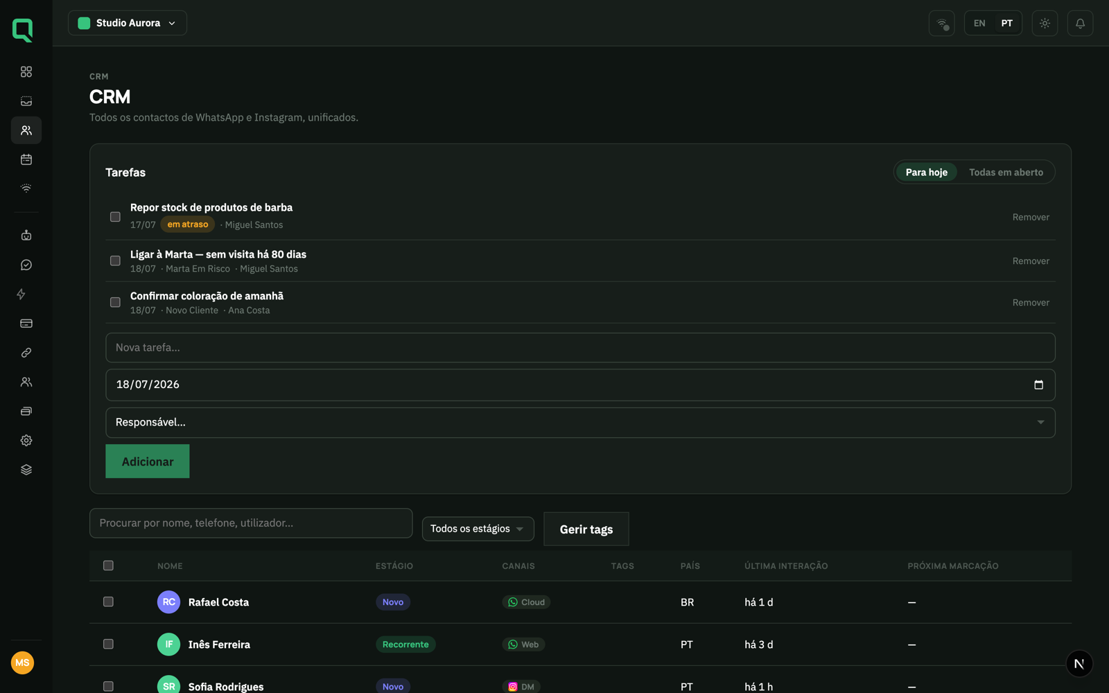 CRM Mensagi avec les tâches du jour et une liste de contacts par étape du cycle de vie client