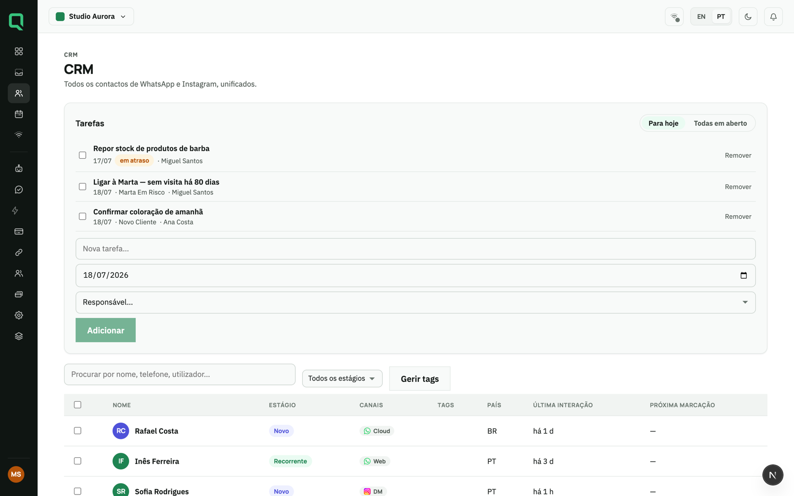 CRM Mensagi avec les tâches du jour et une liste de contacts par étape du cycle de vie client